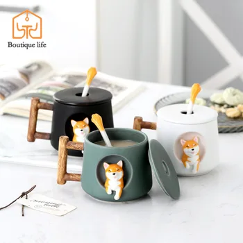 

Shiba Inu cartoon ceramic cup trend personality creative mug with lid spoon couple men and women home drinking cup coffee mugs
