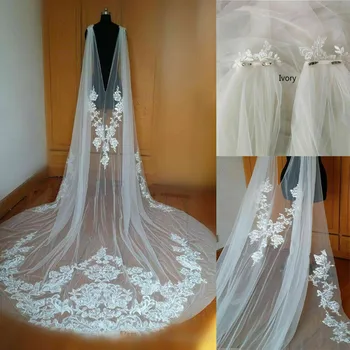 

2020 Bridal Wedding Veil Cathedral Length Wedding Cape Bridal Jacket Cloak Long Lace Applique Shoulder Veil 3/4/5Meters