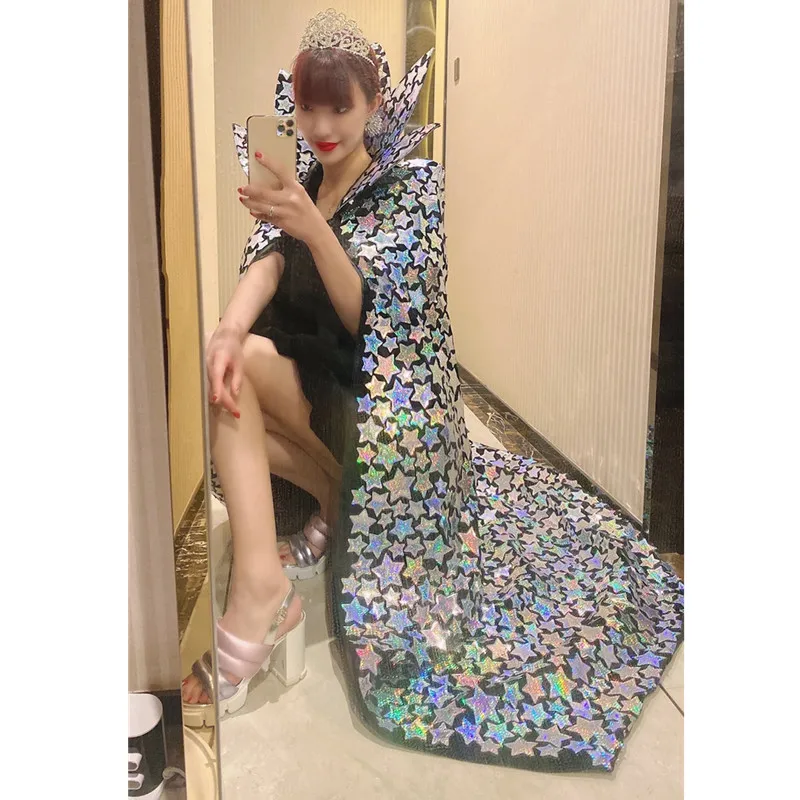 

Silver Star Pattern Stand Collar Cloak Loose Long Coat Women Singer Dancer Stage Catwalk Performance Overcoat Nightclub Costume