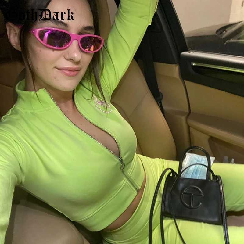 

Goth Dark Gothic Fashion Neon Green Women Matching Set Long Sleeve Graphic Print Zipper Front And Loose Pants Autumn Streetwear