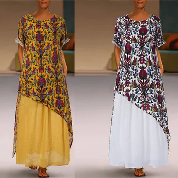 

2019 New round collar short sleeved two-piece printed loose dress for women's wea