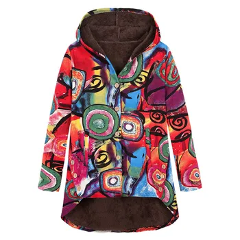 

Womens Autumn Winter Coat Jacket Warm Outwear Floral Print Hooded Clothing Tops Pockets Vintage Oversize Coats #117