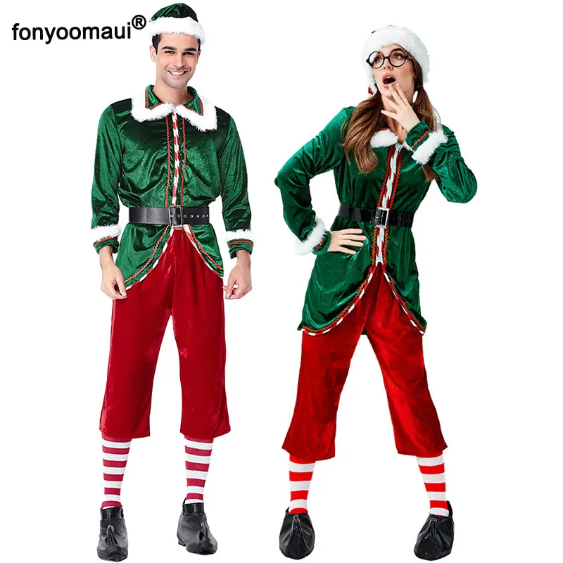 Семейный Рождественский костюм Санта-эльфа для взрослых и взрослых, костюм из 6 предметов, флисовая одежда на год и Рождество для мужчин и женщин, большие размеры