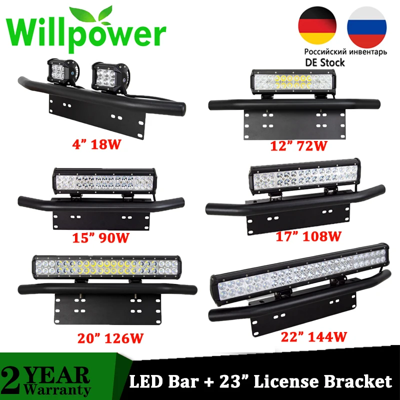 

Willpower Offroad LED bar 15/17/20 inch Led work Light 4x4 12V 24V car lights + 23'' License Plate Mount Bracket Bull Bar