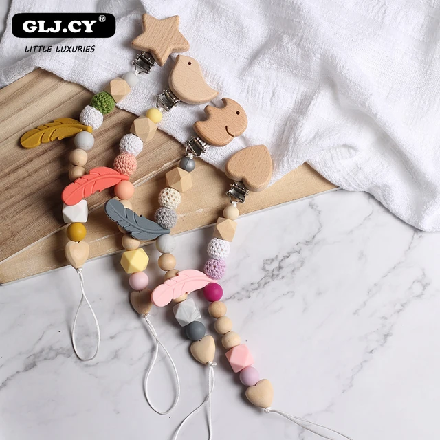 Pacifier Clips Safe Teething Chain Baby Wood Teether Ecofriendly Dummy Clips Holder Awe Momma