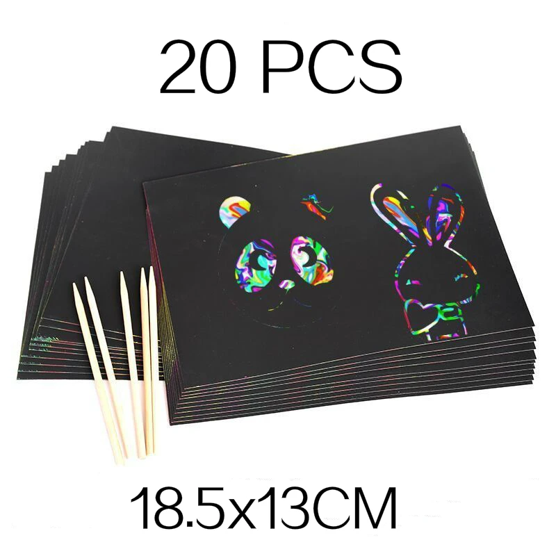 Magic Rainbow Color Scratch Art Paper Card Set With Graffiti Stencil Drawing Board Stick DIY Art Painting Educational Toys Gift 10