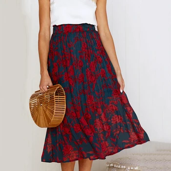 

Dots Floral Print Pleated Skirt Women Elastic High Waist Skirts Female 4 Colors Ankle-Length Skirts