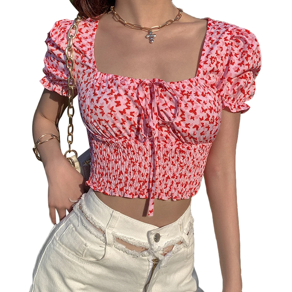 Women's Puff Sleeve Tanks Top Square Collar Crop Tees Tops Blouse