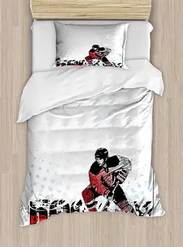 

Hockey Duvet Cover Set Artwork of a Goalie with a Stick Playing Sports Passionate Professional Game Theme Decorative 2 Piece