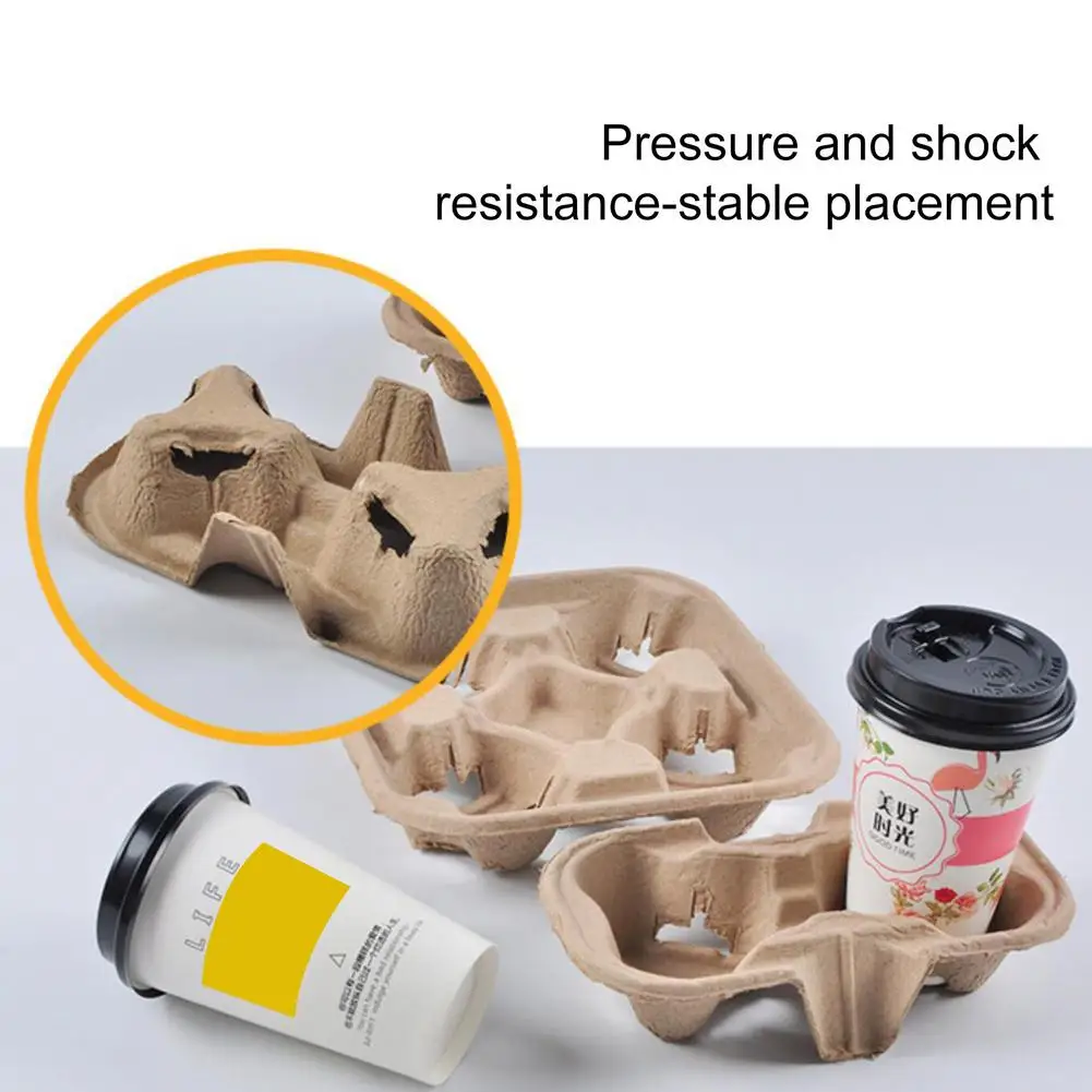 50PCS Disposable Pulp Cup Holder Coffee Milk Tea Drink Carrier Packed Tray Biodegradable Disposable Cup Holder Takeaway Shops