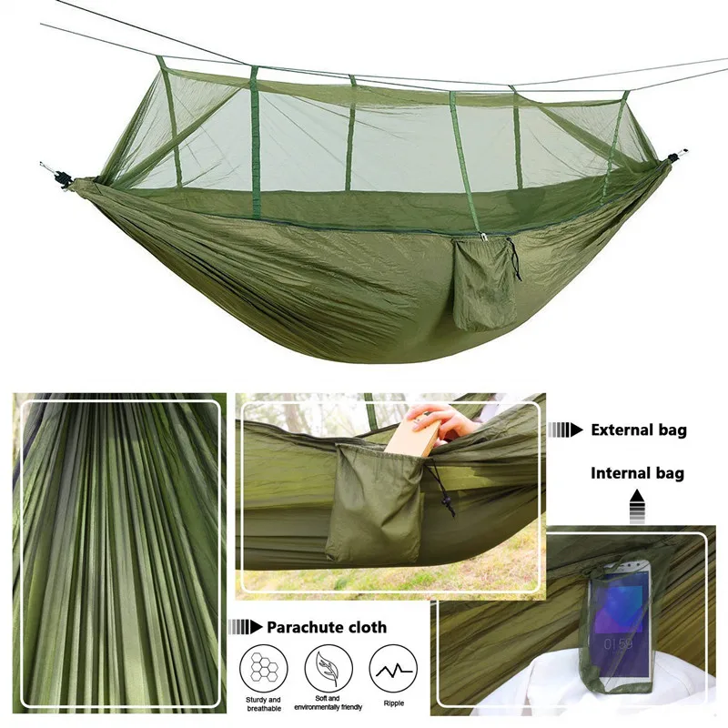 Camping Hammock with Net, Lightweight Portable Double Parachute Hammocks, High Capacity & Tear Resistance for Backyard,Hiking