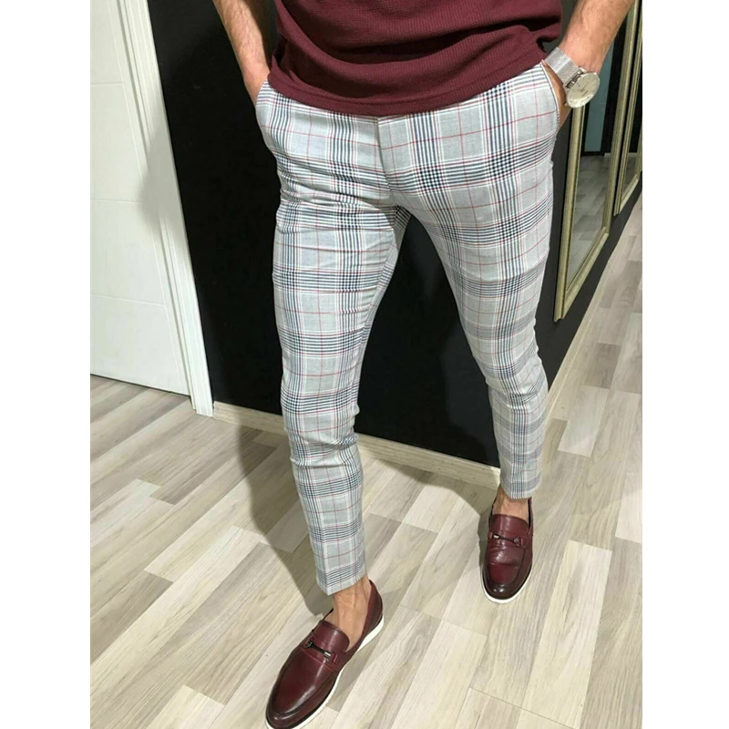 Fashion Men Formal Plaid Pants England Style Gentlemen Slim Fit Casual Long Pants Male Business Office Trousers Plus Size M-3XL