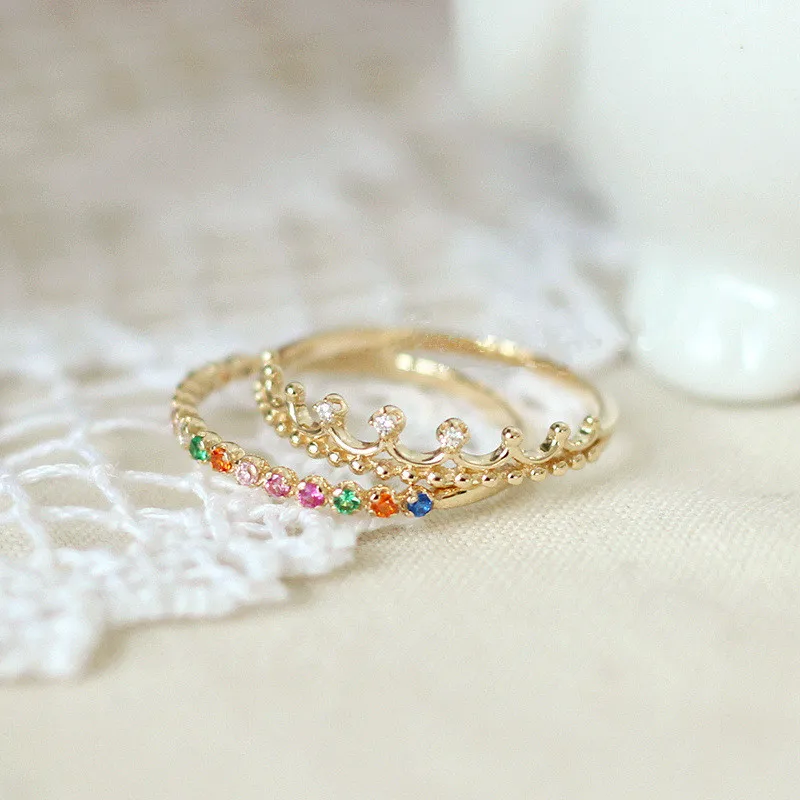 여성을위한  여러 가지 빛깔의 지르콘 크라운 손가락 반지 14k 골드 도금 보석 선물