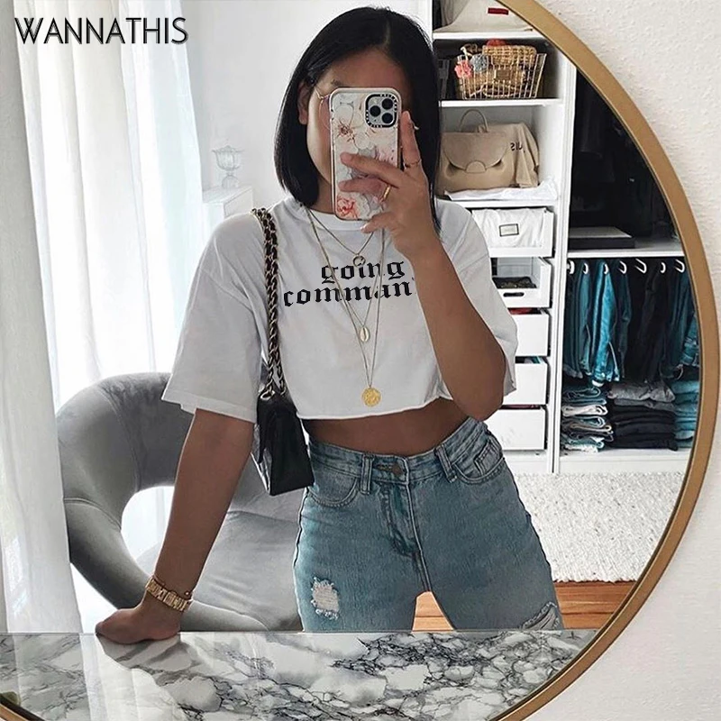Женская укороченная футболка WannaThis белая свободная с круглым вырезом и коротким