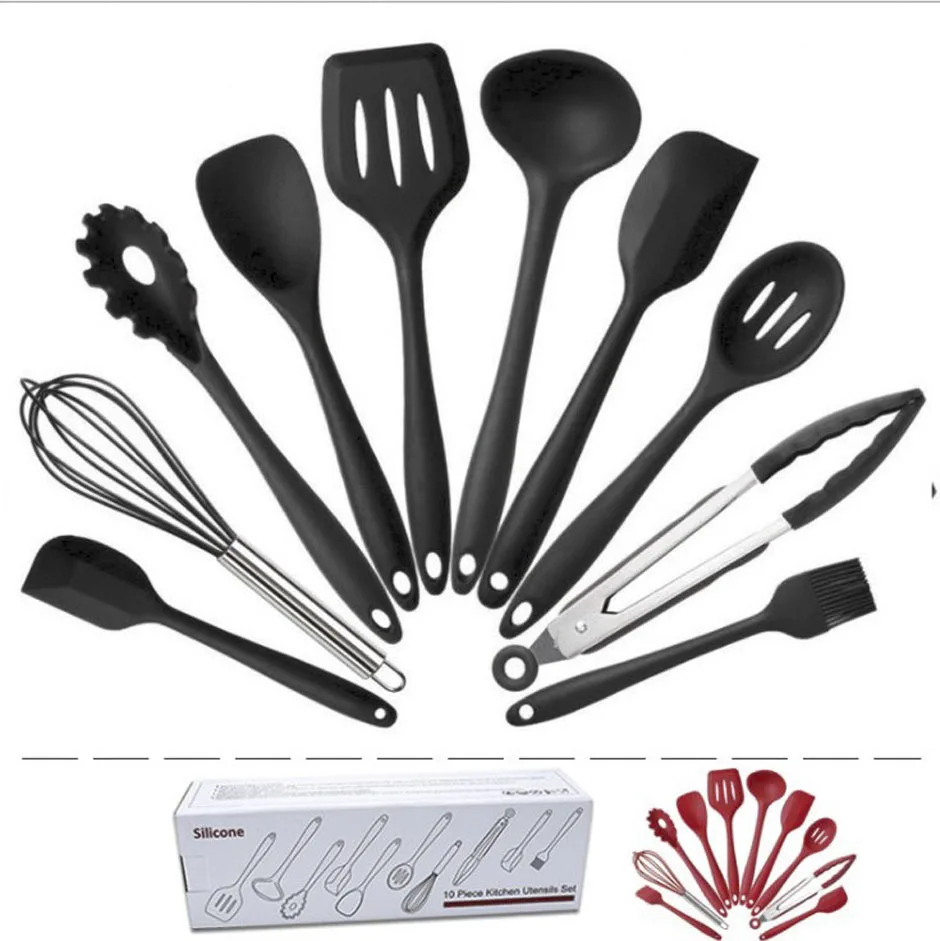 Kitchen Utensils 10pcs Silicone Non-stick Cooking Utensils Set Tool 4 colors Kitchenware Cookware Kitchen brush frying Shovel egg break box