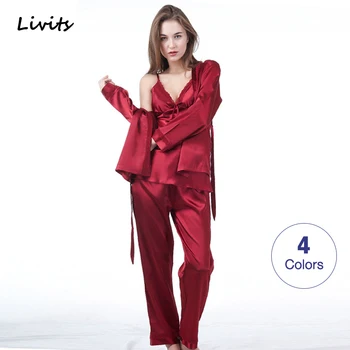 

Women's Pajama Set 3in1 Satin Silk Female Pajamas Pyjamas Sleepwear Nightwear Spaghetti Strap Sexy Lace Summer Winter