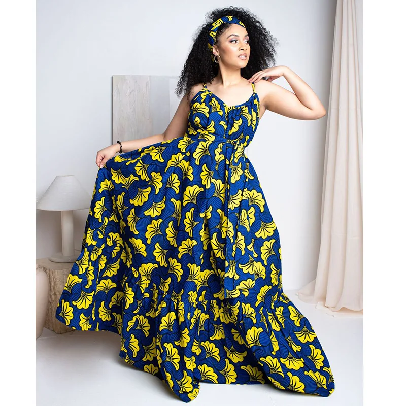 Loose African Maxi Dress Women 4XL Big Size Spaghetti Strap Boubou Summer New Print Ruffle Patchwork African Beach Maxi Dresses