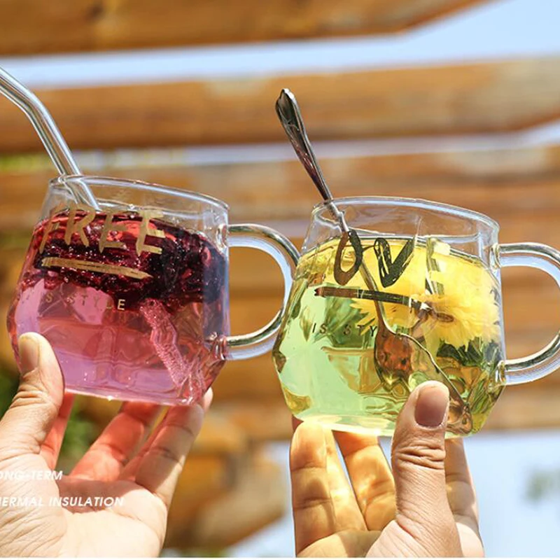 

Creative Handle Cup Geometry Coffee Glass Mug Gold Plated Letter Handle Cup Coffee Milk Tea Mug Home Office Drinkware Couple Gif