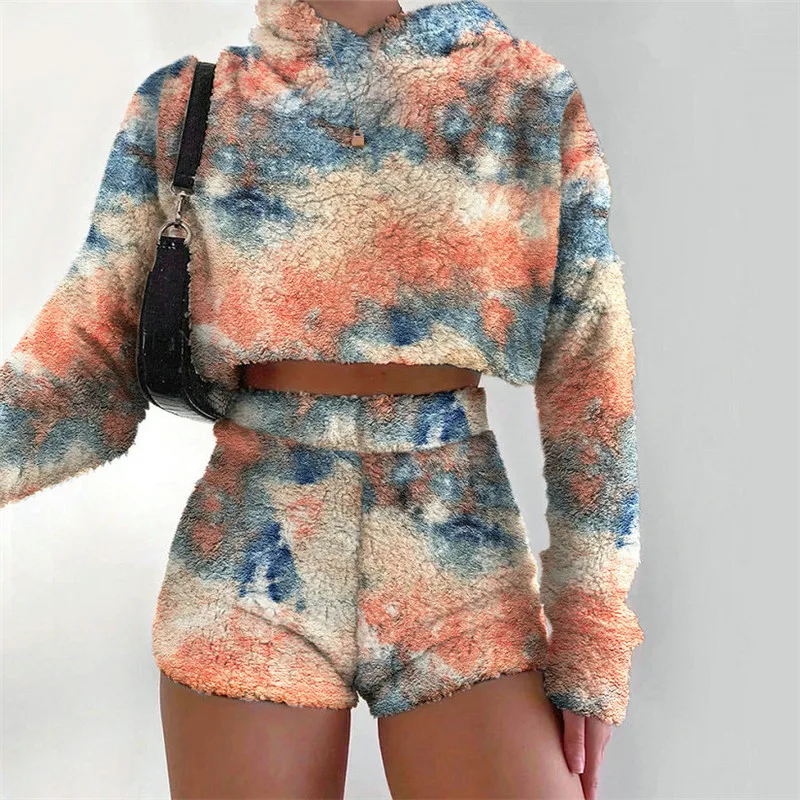 

Women Plush Flannel Two Piece Suit Winter High Waist Tie-dye Long Sleeve Hooded Crop Top Elastic High Waist Shorts Outfits Sets