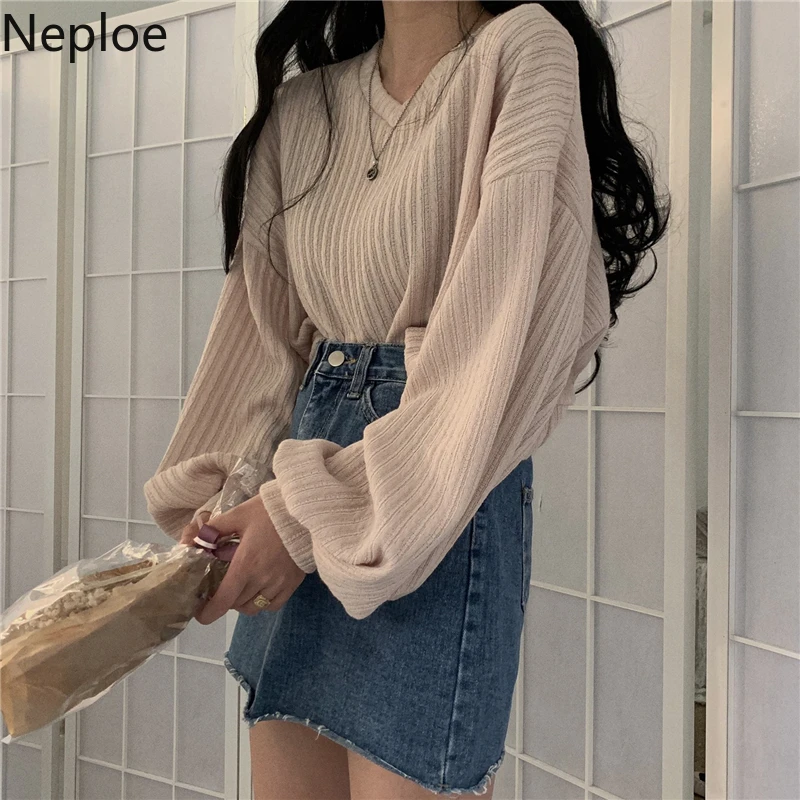 V Neck Lantern Long Sleeve Knit Pullover Sweater Women Retro Loose Crazy Style Short Mutlicolor Pull Femme Autumn 48271