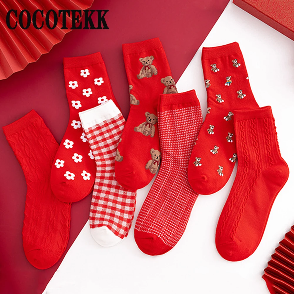 New Hot Women's Socks Plaid Striped Flower Bear Socks Festive Fashion Comfortable HarajukuRed Color Winter Warm Socks Ladies