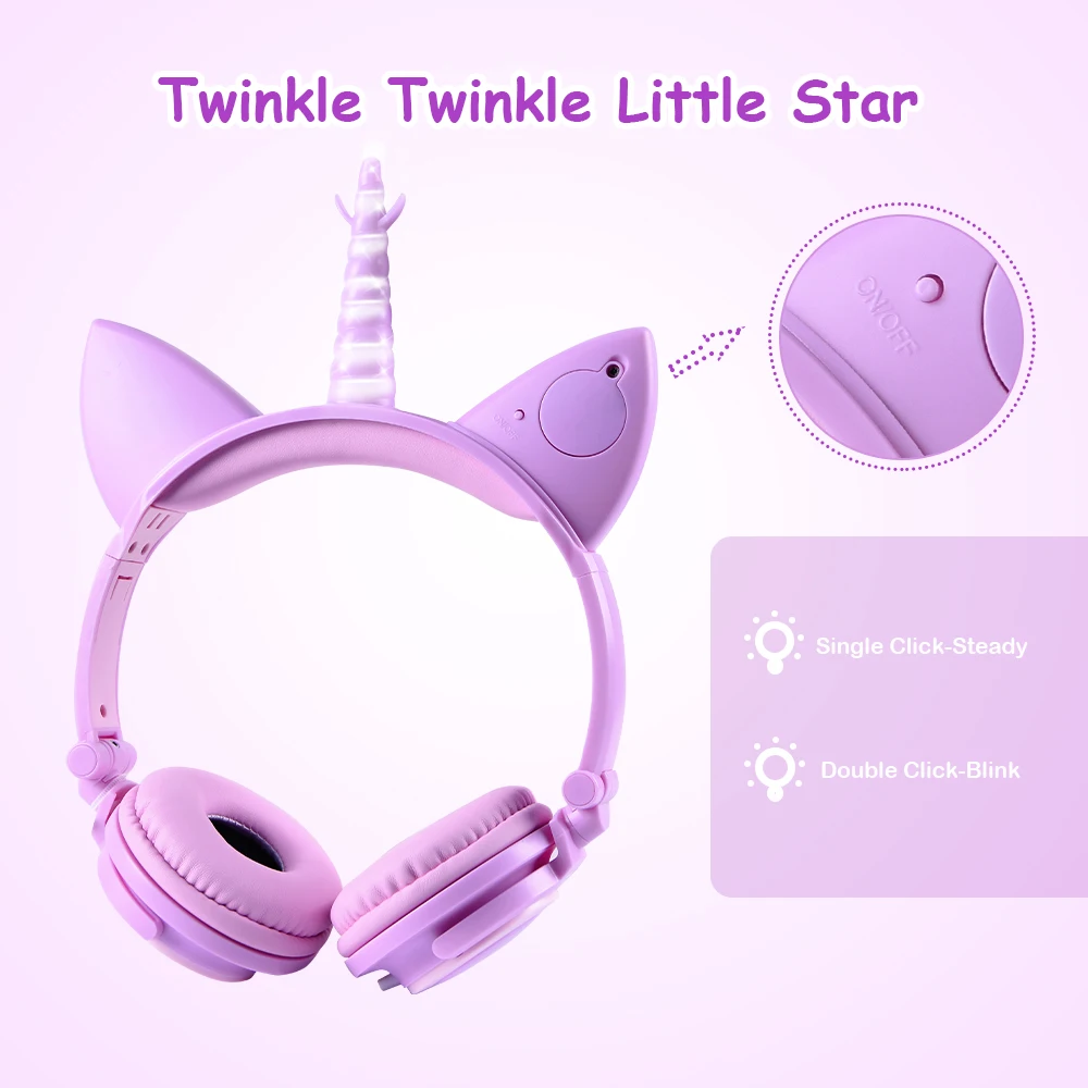 Kids Headphones LED light Unicorn Headset Foldable Stereo Bass Music Headphone For PC Phones Kids Gift