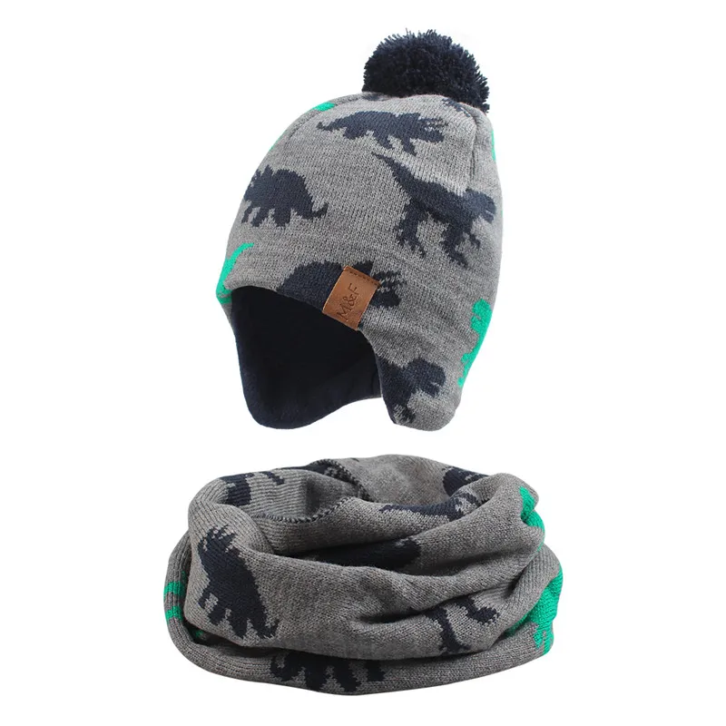Baratos Dinosaurio bebé gorro bufanda Set niño niña invierno primavera gorro grueso Forro cálido sombrero con pañuelo elástico
