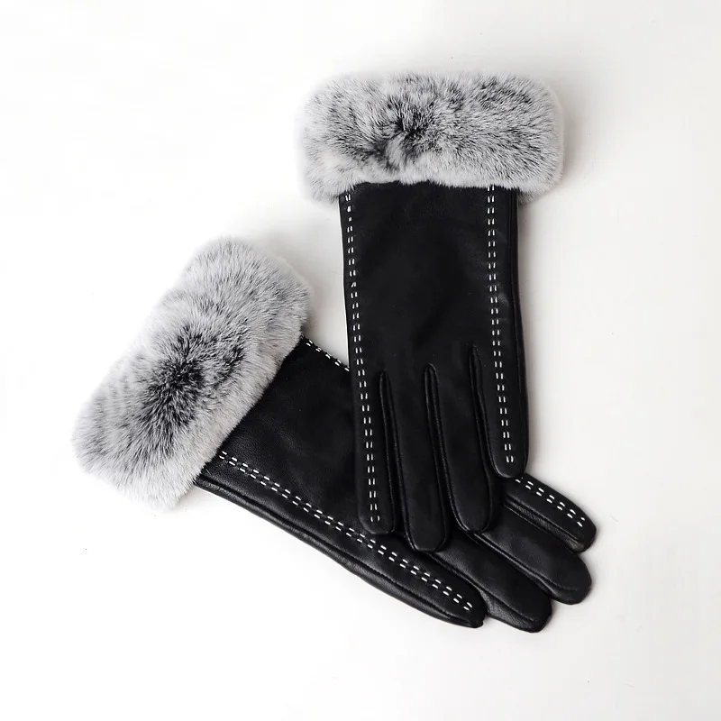 Женские супер теплые зимние перчатки из натуральной кожи, овчина, овчина, мех, Женские варежки, зимние модные брендовые перчатки из натуральной кожи - Цвет: Black