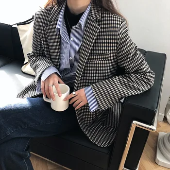 

2020 Spring Women Blazers Full Sleeve Casual Plaid Single Breasted Notched Office Lady Korean Womens Tops Blouses