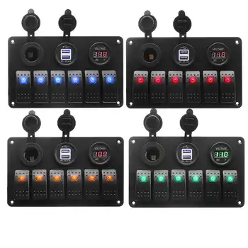 

12V 24V 6 Gang Car LED Rocker Switch Panel Volt Meter Gauge Dual USB Power Charger Marine Boat RV