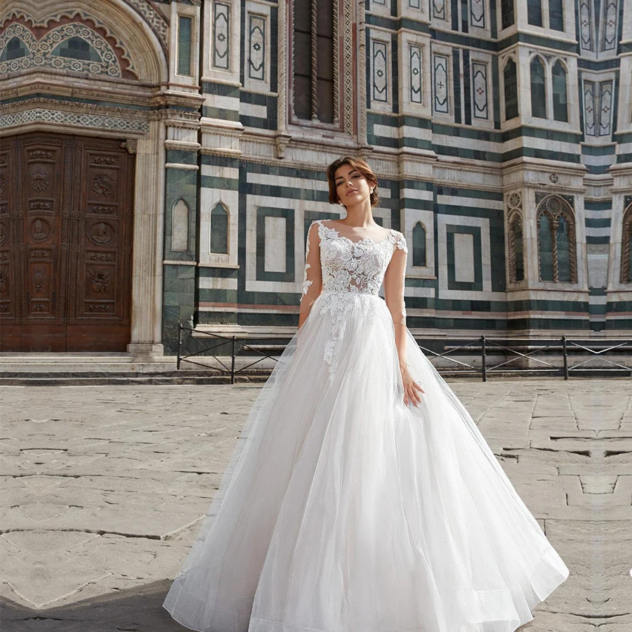 

Tulle Wedding Dresses A Line Lace Appliques Long Sleeves Bridal Wedding Gowns Vestido De Noiva Back Button Floor Length