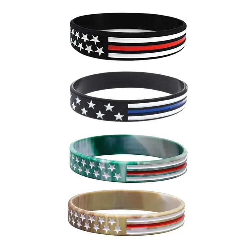 USA Flag Stars Stripes Silicone Rubber Bracelet Wristband Thin Red Blue White Line Bangle Bands Gift