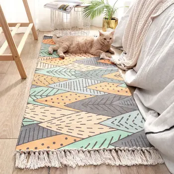 

Bedside Decorative Carpet Floor Mat Simple Nordic Style Bedroom Rug Handmade Cotton Belt Tassel Decorative Long Mat