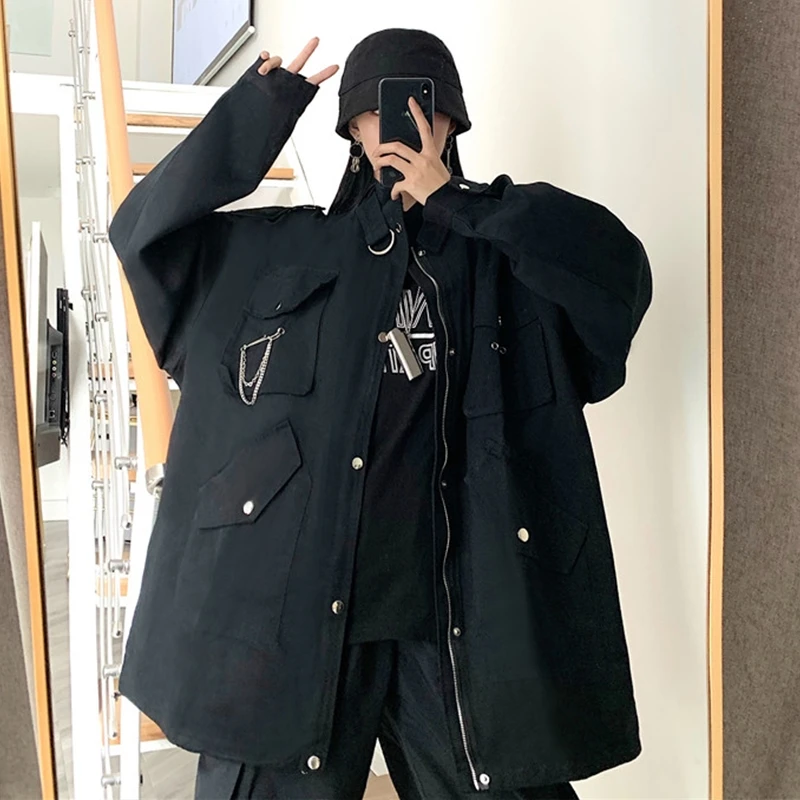 

Military Loose Women Jacket Casual Black Zipper Long Sleeve Ladies Coats Korean Hip Hop Spring Women Clothes Oversized MM60NJK