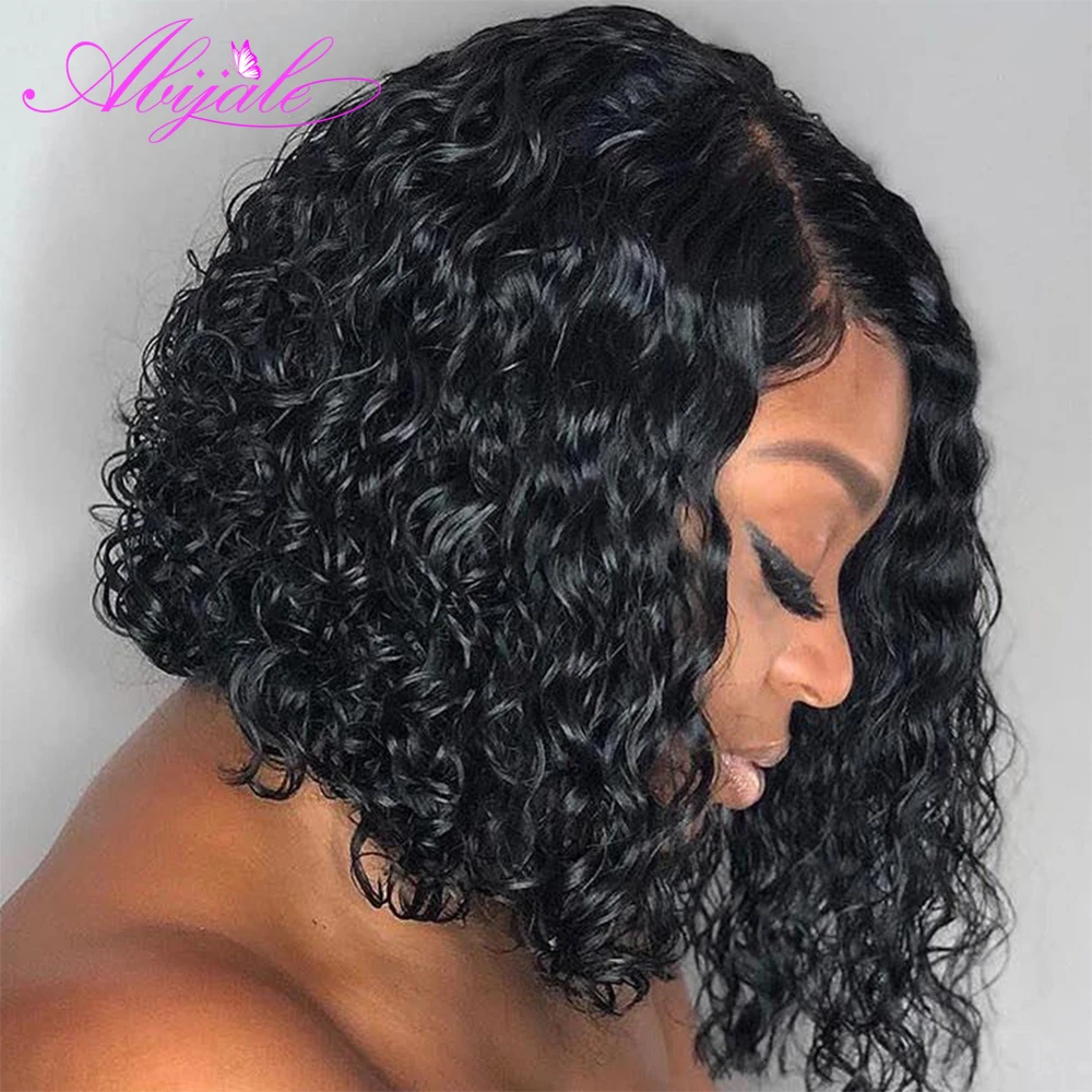 Abijale Cierre de encaje rizado peluca Bob pelucas de cabello humano Pre-arrancado malayo 4x4 corto rizado pelucas de cabello humano 150% de densidad Remy