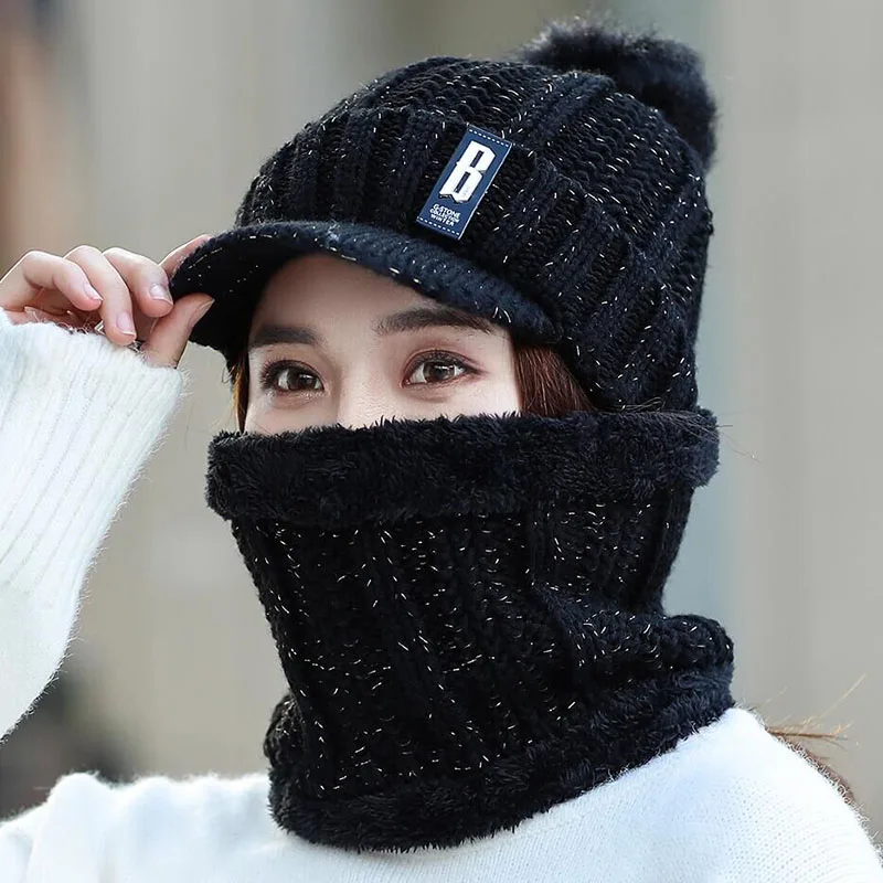 SUOGRY козырек B буквы вязаная шапка женская брендовая Высококачественная зимняя женская Лыжная шапка с кроличьим мехом помпоны шапки вязаный шарф - Цвет: black