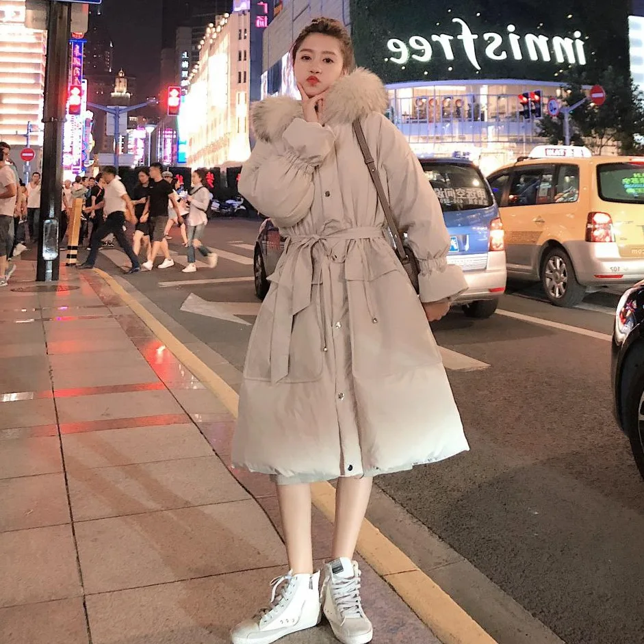 

Photo Shoot CHIC Ladies' Waist Hugging Lace-up Off-white Bell Sleeve Large Fur Collar Hooded down Coat Thick Cotton Overcoat