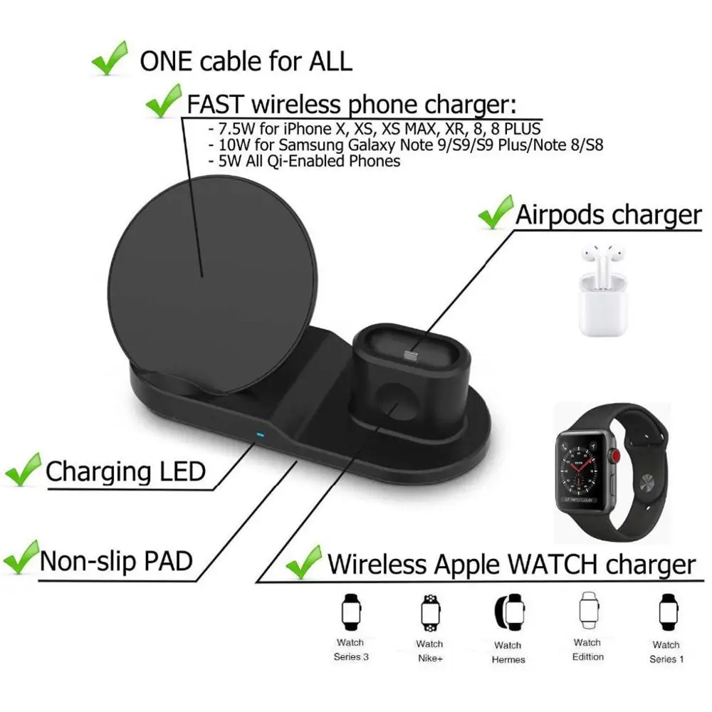 15 Вт Qi Беспроводная зарядная подставка для Iphone X XS MAX XR 8 быстрая зарядная док-станция для Apple Watch 4 3 2 1 Airpods Xiaomi Airdots