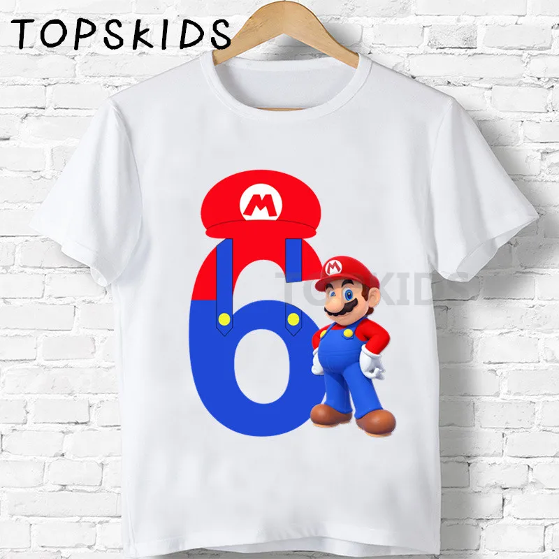Свечи "Happy Birthday" для торта Super Mario номер 1 до 9 лет, футболки с мультипликационным принтом, для мальчиков и девочек, забавные детские топы Для детей, на лето футболка, HKP5233 - Цвет: White-F