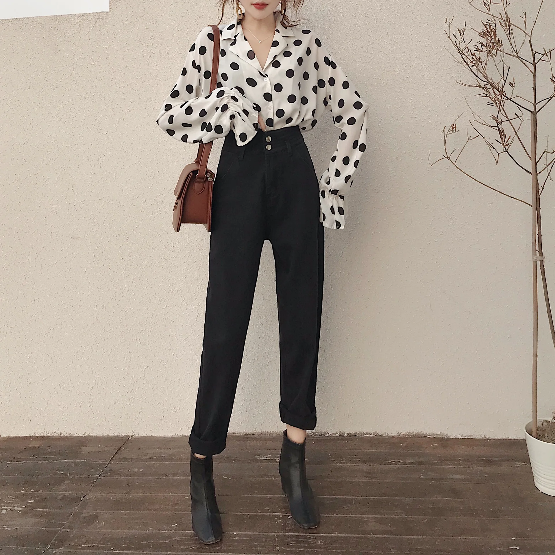 Real Shot High Waist Denim Harem Pants Hong Kong Flavor Loose Slimming All-match Dad Baggy Pants