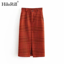 Винтажная Женская клетчатая юбка с высокой талией, модные прямые женские юбки с разрезом спереди, Модная элегантная женская юбка миди