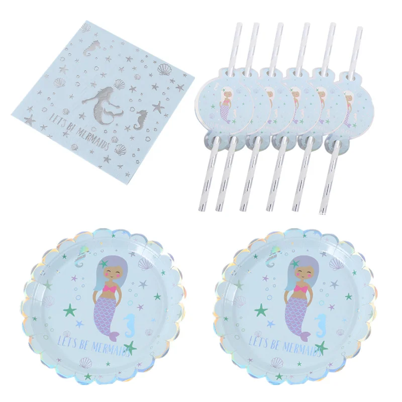 

Birthday Decoration Mermaid Paper Plate Cup Straw Disposable Tableware Kids Party Girls Party Favor DIY Decorations Supplies