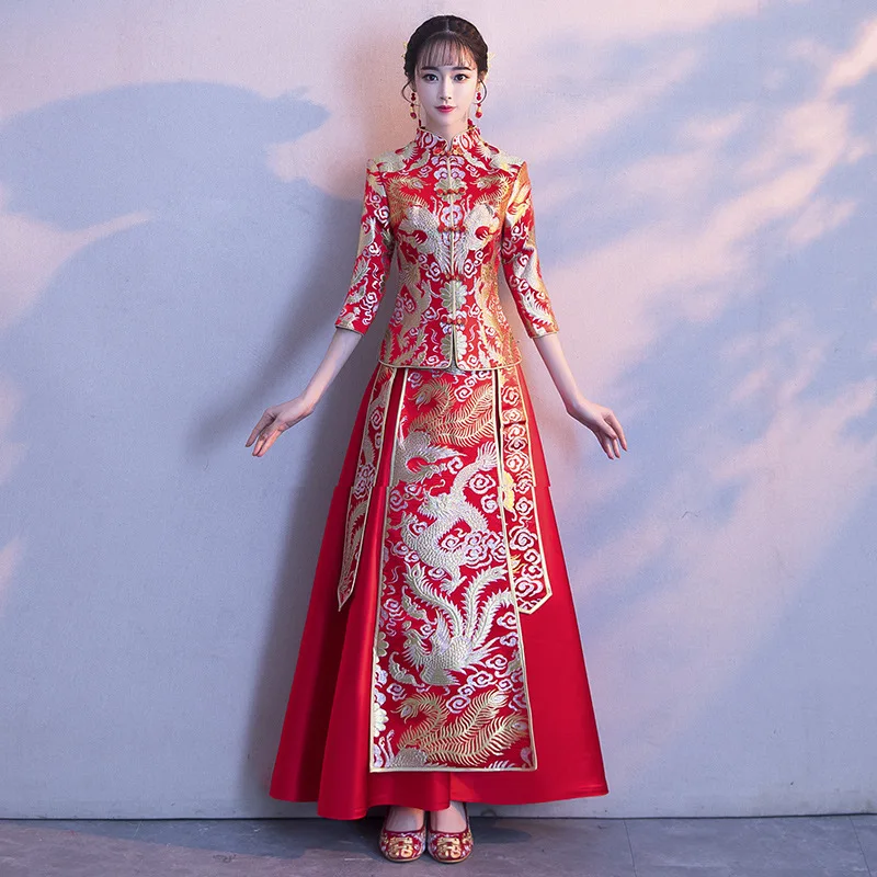 Элегантный женский китайский стиль традиционный ченсам Qipao свадебное платье невесты 2шт Топ и юбка Vestidos вечерние платья