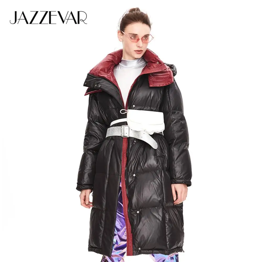 JAZZEVAR Зима новое поступление женский пуховик темно-синего цвета с капюшоном модная стильная длинная женская одежда для зима K9049