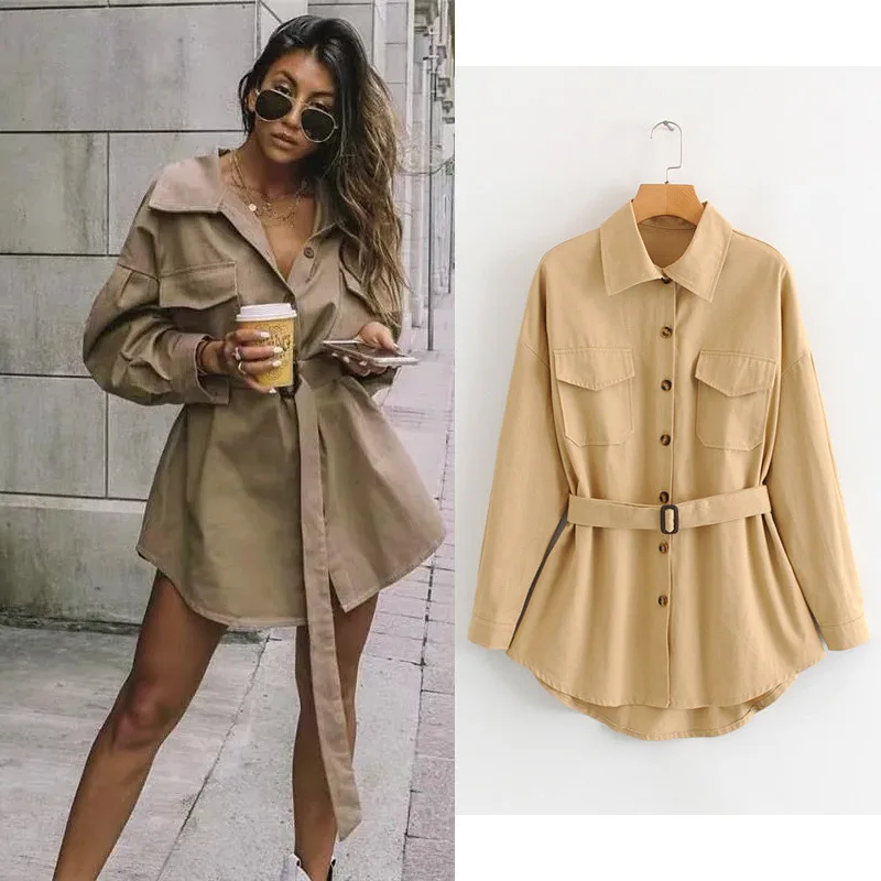 

2019 Autumn New Style Trend Western Style INS Loose-Fit Fold-down Collar Waist Hugging Mid-length Shirt Coat Women's