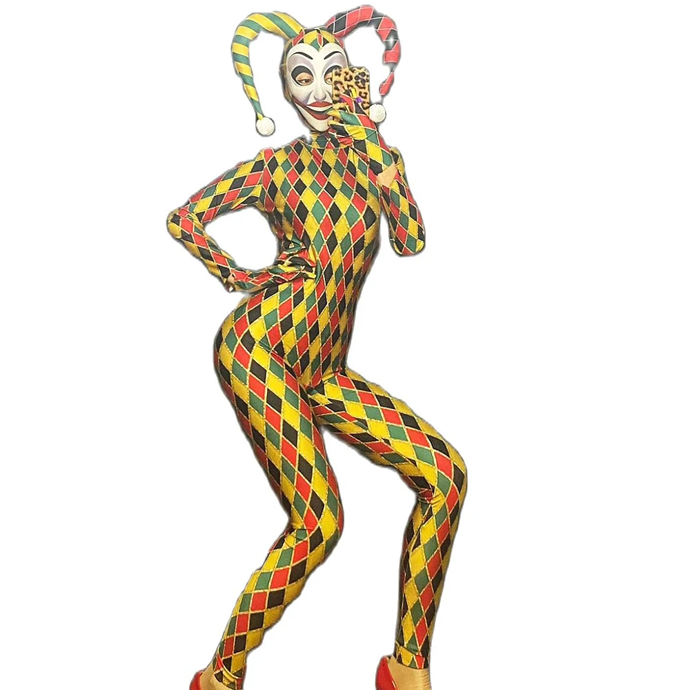 

Halloween Cosplay Costume Plaid Printing Tights Jumpsuit Sets Stretch Outfit Long Sleeve Nightclub Dance Show Wear Performance