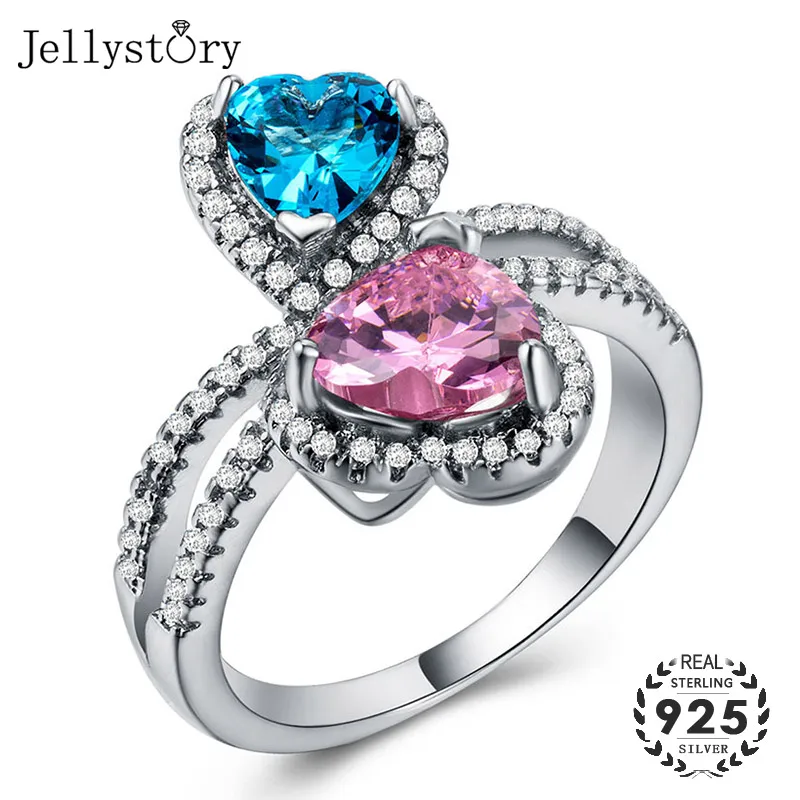 Jellystory Мода женское кольцо 925 Серебряные ювелирные изделия с двойное сердце