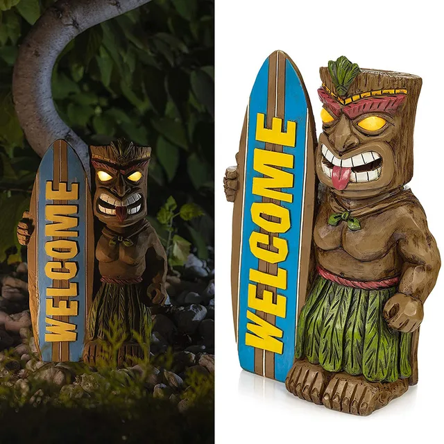 Tiki Welcome Surfboard Szobor Beltéri Szabadtéri Otthoni Dekoráció Kerti Figurák Tornác Kézműves Háztáji Terasz Gyanta Gyep Útvonal - Image 5