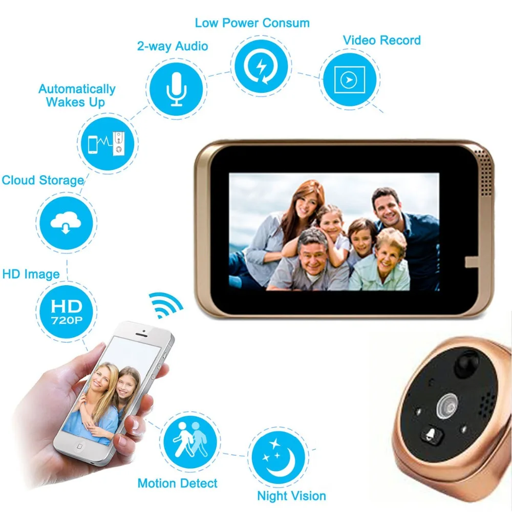 Умный видео дверной звонок глазок камера Wifi 4,3 дюймов монитор HD720P ночное видение PIR Обнаружение движения приложение управление для IOS Andriod