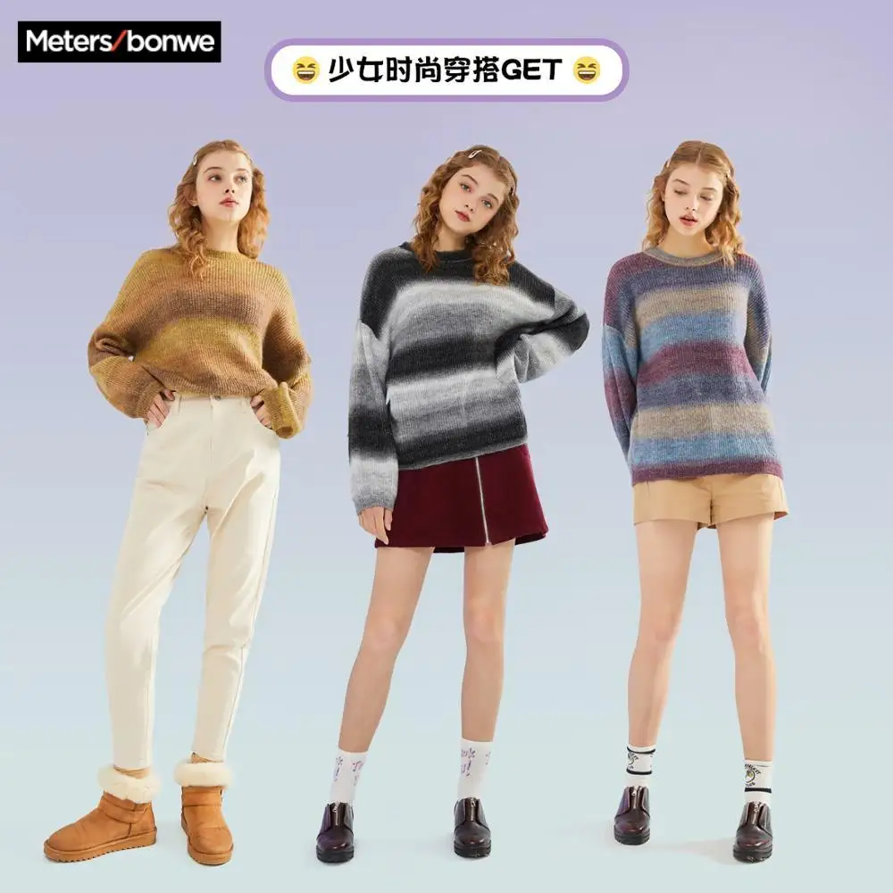 Metersbonwe 2020 New Striped Hit color Knitted Sweater Women Pullovers Spring Gradient Loose Fashion Casual Sweaters | Женская одежда